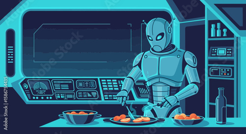 Futuristic Robot Chef Preparing Food In A Spaceship Kitchen Interior