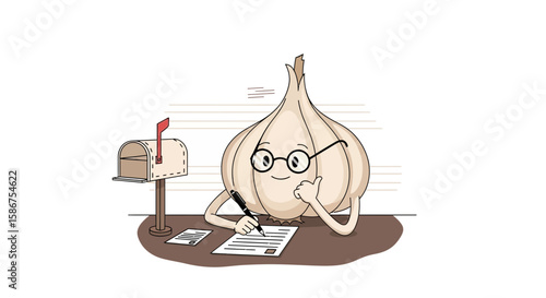 Garlic Character Writes a Letter with a Mailbox on the Desk Illustration