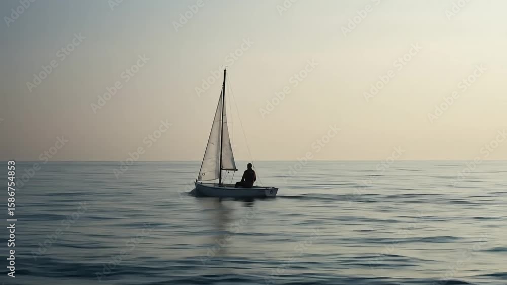 Person sailing on small boat in calm waters at sunset Person sailing on small boat in calm waters at sunset