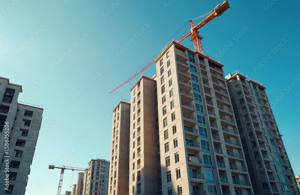 Fototapeta premium Multi-storey residential buildings under construction with cranes. Concrete apartment blocks with windows, balconies against clear blue sky. Real estate development signifies urban growth, new