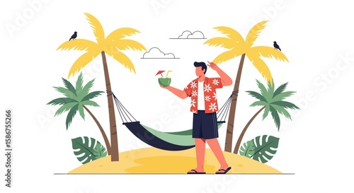 Enjoying Refreshing Coconut Drink On Tropical Beach With Hammock And Palm Trees