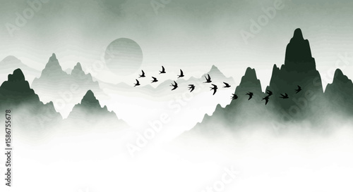 Serene Mountain Vista Birds Fly Over Misty Peaks at Sunset in Minimalist Landscape Art 