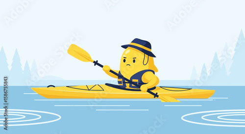 Gloomy Character Paddling Kayak On Water In Serene Landscape With Pine Trees