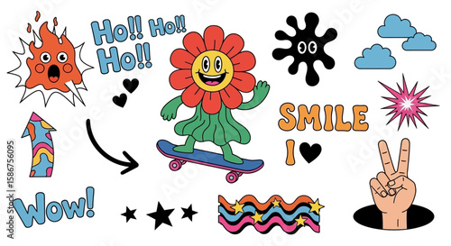 Vibrant collection of retro-inspired cartoon designs featuring playful illustrations and vivid colors perfect for graphic projects.