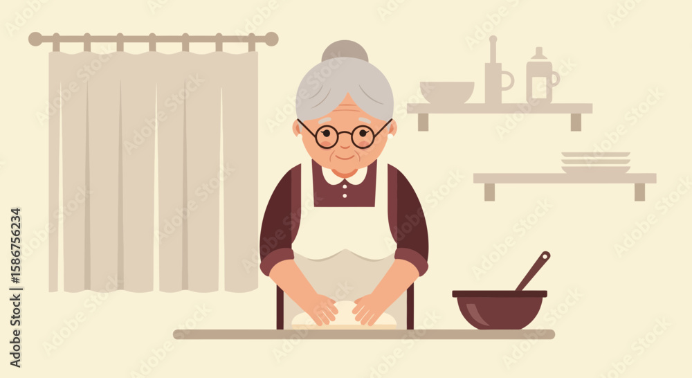 Grandma Prepares Dough In A Cozy Kitchen Illustration For Culinary Project Grandma Prepares Dough In A Cozy Kitchen Illustration For Culinary Project
