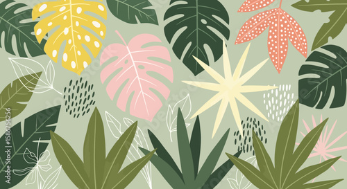 Botanical Bliss A Vibrant and Colorful Collection of Tropical Leaves in a Lush, Jungle-Inspired Pattern