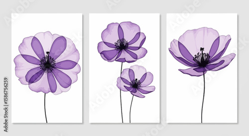 Floral Harmony Delicate purple flowers on white background evoking spring and serenity, perfect for wall art or minimalist design projects.