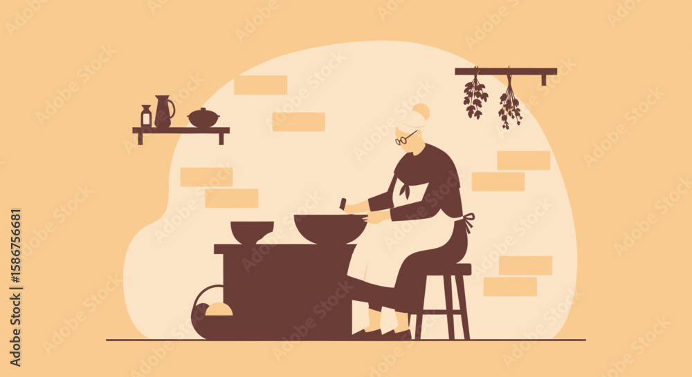 Fototapeta premium Grandmother Prepares Traditional Recipes In a Vintage Kitchen Setting Illustration