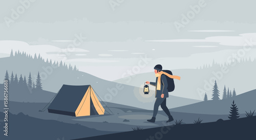 Evening Stroll Around Campground With Lantern Under The Sky, Adventure Awaits