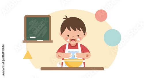 Excited Little Baker Prepares Dough at the Kitchen Table with Culinary Joy