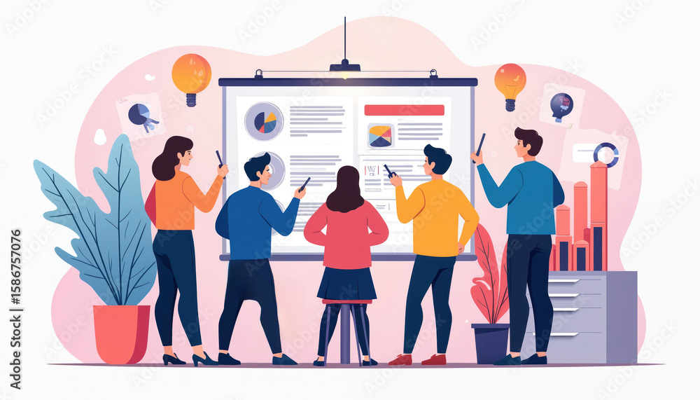 Fototapeta premium Diverse team collaborates on innovative ideas during business meeting, using technology and charts for analysis. Brainstorming session promotes creativity, planning, and growth in modern workspace.