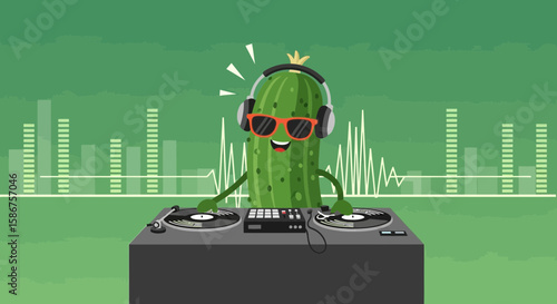Cucumber Dj Mixing Music With Turntables And Headphones On A Green Background