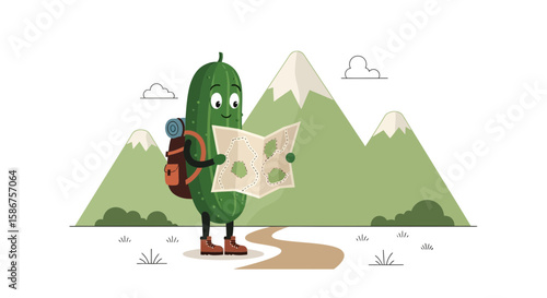 Cucumber's Trek Adventuring In Wilderness Reading A Map Against Mountain Backdrop