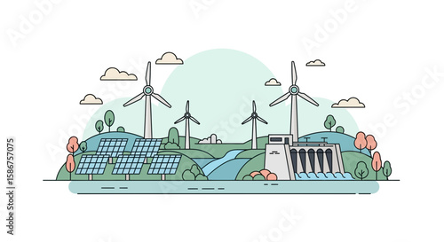 Green Energy Illustration Landscape Of Windmills Solar Panels And Hydroelectric Dam