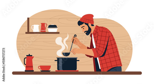 Culinary Time At Home Man Cooking Tasty Food Cozy Kitchen Scenario