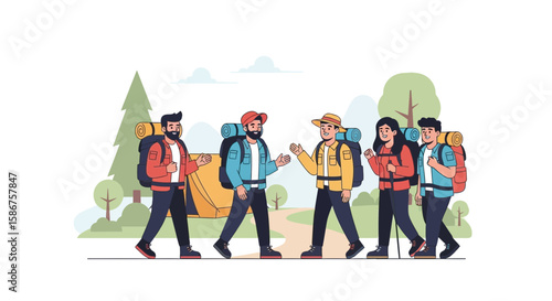 Group Of Friends Hiking In Forest Having Fun Outdoors Adventure Together