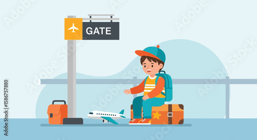 Excited Young Traveler Awaits His Flight Adventure At The Airport Terminal