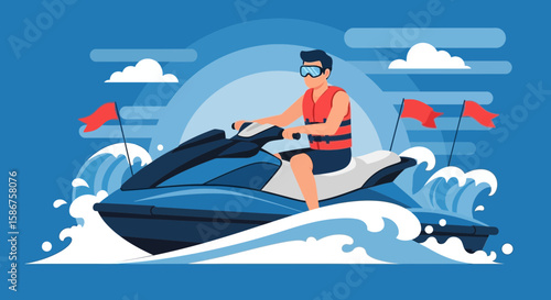 Exciting Water Sport Adventure Man Riding Jet Ski In Ocean During Sunny Vacation