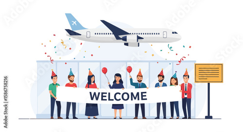 Group Of People Holding Welcome Banner At Airport With Plane And Confetti