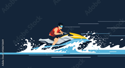 Exhilarating Watercraft Adventure Man Enjoying Jet Ski Ride On Splashing Ocean Waves