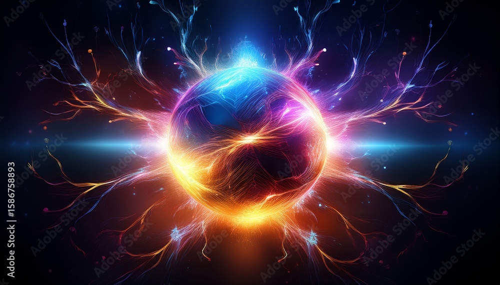 Fototapeta premium abstract glowing energy sphere with vibrant lightning effects and dark background
