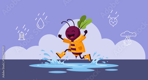 Happy Beet Wearing A Raincoat Splashing In Puddles On A Rainy Day