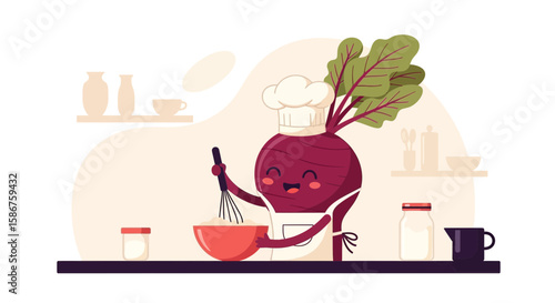 Happy Beetroot Chef Preparing Food In Kitchen, Cartoon Vector Illustration
