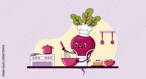 Happy Beetroot Cartoon Chef Preparing Food In Kitchen Vector Illustration