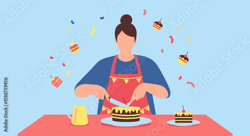 Happy Birthday Celebration With Woman Cutting Cake For A Festive Gathering