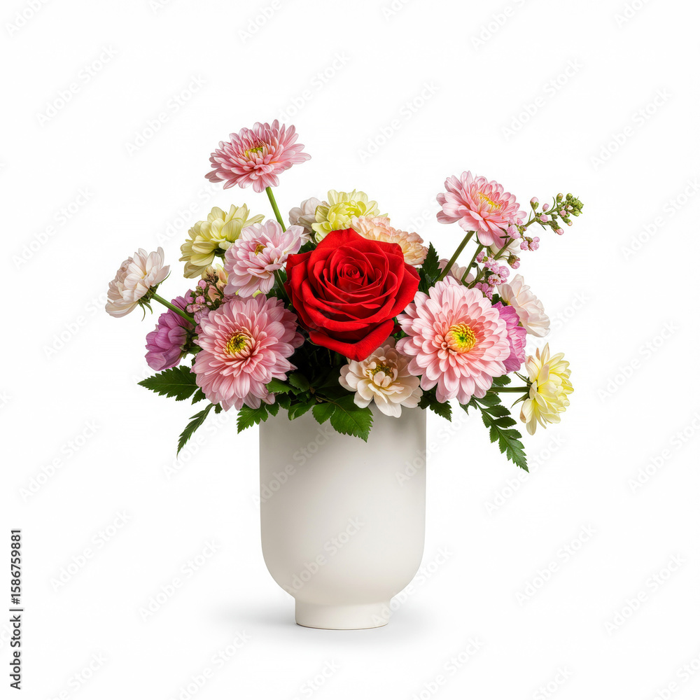 Obraz premium Elegant floral arrangement with rose in ceramic vase isolated on white