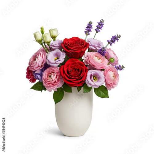Elegant floral arrangement with rose in ceramic vase isolated on white