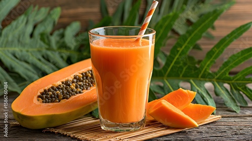 Delicious papaya smoothie served with fruit slices, leafy garnish, and straw on wooden table