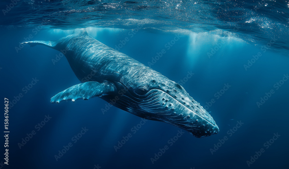 Naklejka premium Blue whale tail in the ocean, marine life photography, whale, 