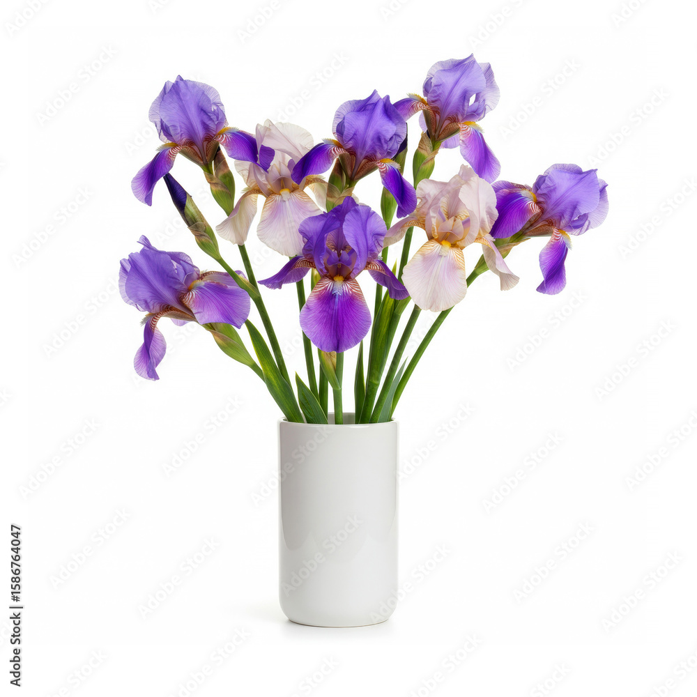 Naklejka premium Elegant floral arrangement with iris in ceramic vase isolated on white