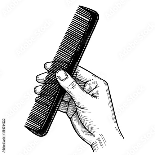 POV vintage sketch hair comb in hand first person view – a hand drawn black and white vector illustration engraving or woodcut svg