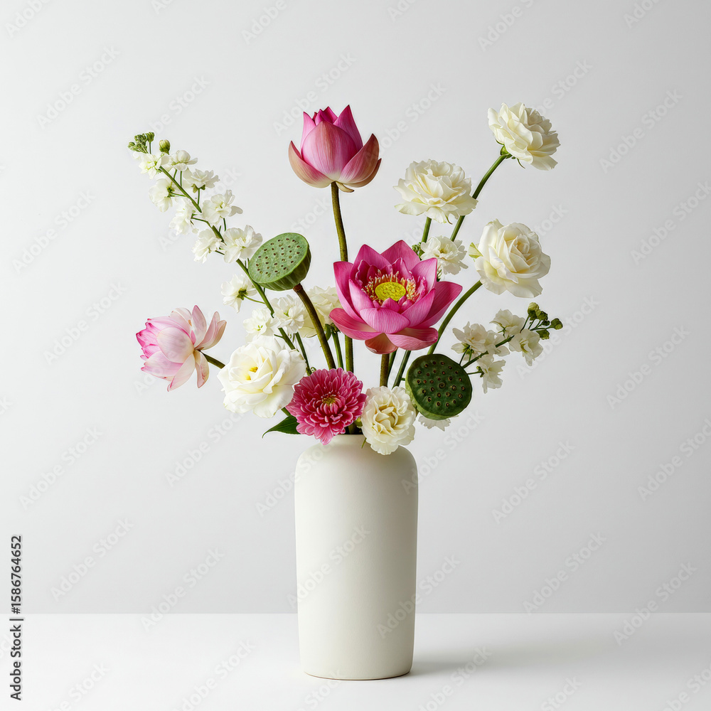 Obraz premium Elegant floral arrangement with lotus in ceramic vase isolated on white