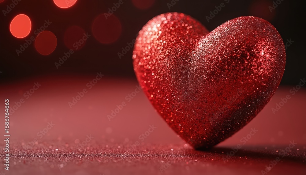 Obraz premium Sparkling red glitter heart decoration love, passion, romance. Three-dimensional holiday decor perfect for Valentine Day celebrations, offering festive atmosphere, ample copy space for messages.