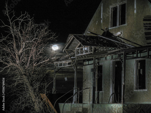 Abandoned house in moonlight and bare tree