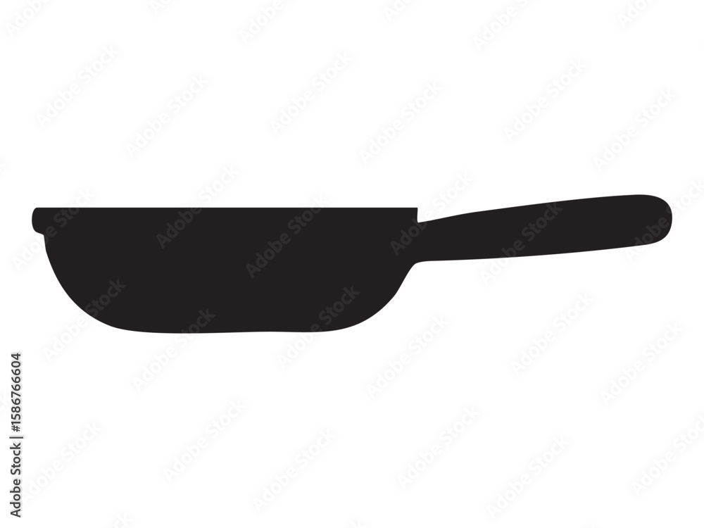 Black silhouette of frying pan, isolated on white background, graphic illustration. concept of kitchen, cooking utensil, culinary tool, icon, logo, design element. Black silhouette of frying pan, isolated on white background, graphic illustration. concept of kitchen, cooking utensil, culinary tool, icon, logo, design element.