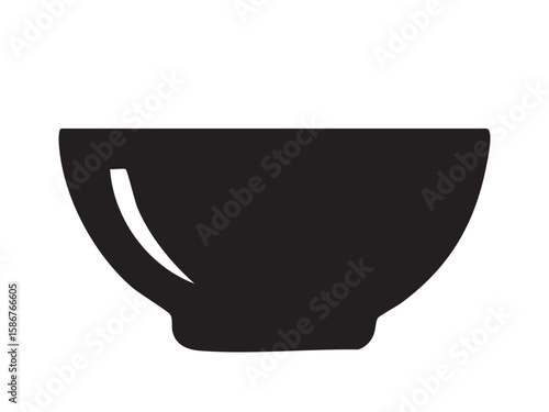 Black silhouette of bowl isolated on white background, graphic illustration. concept of kitchenware, ceramic dish, cooking, tableware, icon, design element