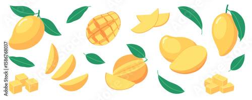 Flat vector set of mango fruits with leaves, slices, cubes and half-cut pieces. For card, summer, tropical, kids and healthy food design. Cartoon illustration. Minimal. Isolated background. Clip art.