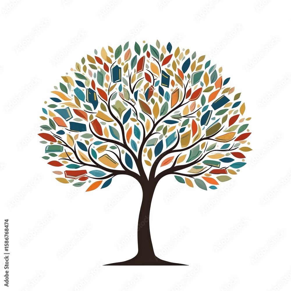 Naklejka premium Illustration of stylized tree with colorful books as leaves on white background. Knowledge growth, education, learning, literature. Features vibrant colors, representing diverse ideas, wisdom.