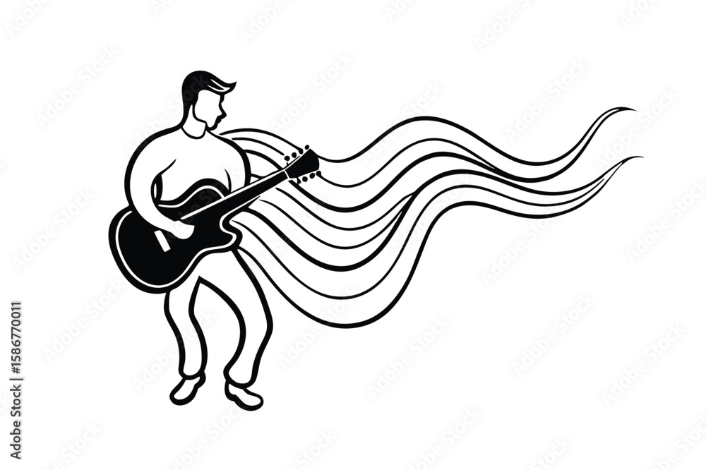 Fototapeta premium Black silhouette of a guitarist playing with flowing musical notes