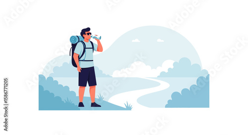 Male Hiker Drinking Water From Bottle During Outdoor Adventure Journey Concept