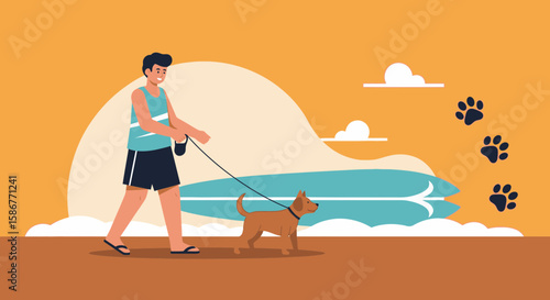 Man And Dog Strolling Along The Coastline With Surfboard And Cloudscape