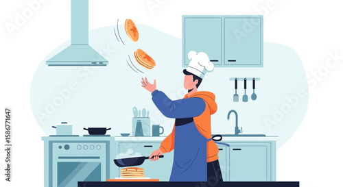 Happy Chef Flipping Pancakes In a Modern Kitchen for an Energetic Start