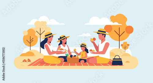 Happy Family Enjoying Summer Picnic In Nature Park Sunny Weather