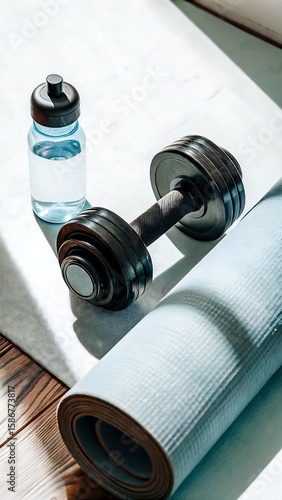 Fitness essentials showcase dumbbell, water bottle, and yoga mat ready for an energizing workout at home.