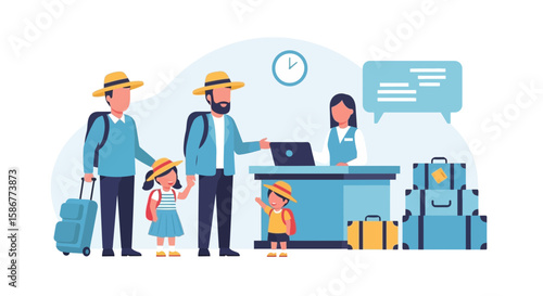 Happy Family Preparing For An Adventure Vacation At The Hotel Reception