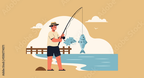 Happy Fisherman Catching Fish on a Beautiful Day by the Lake Vector Illustration